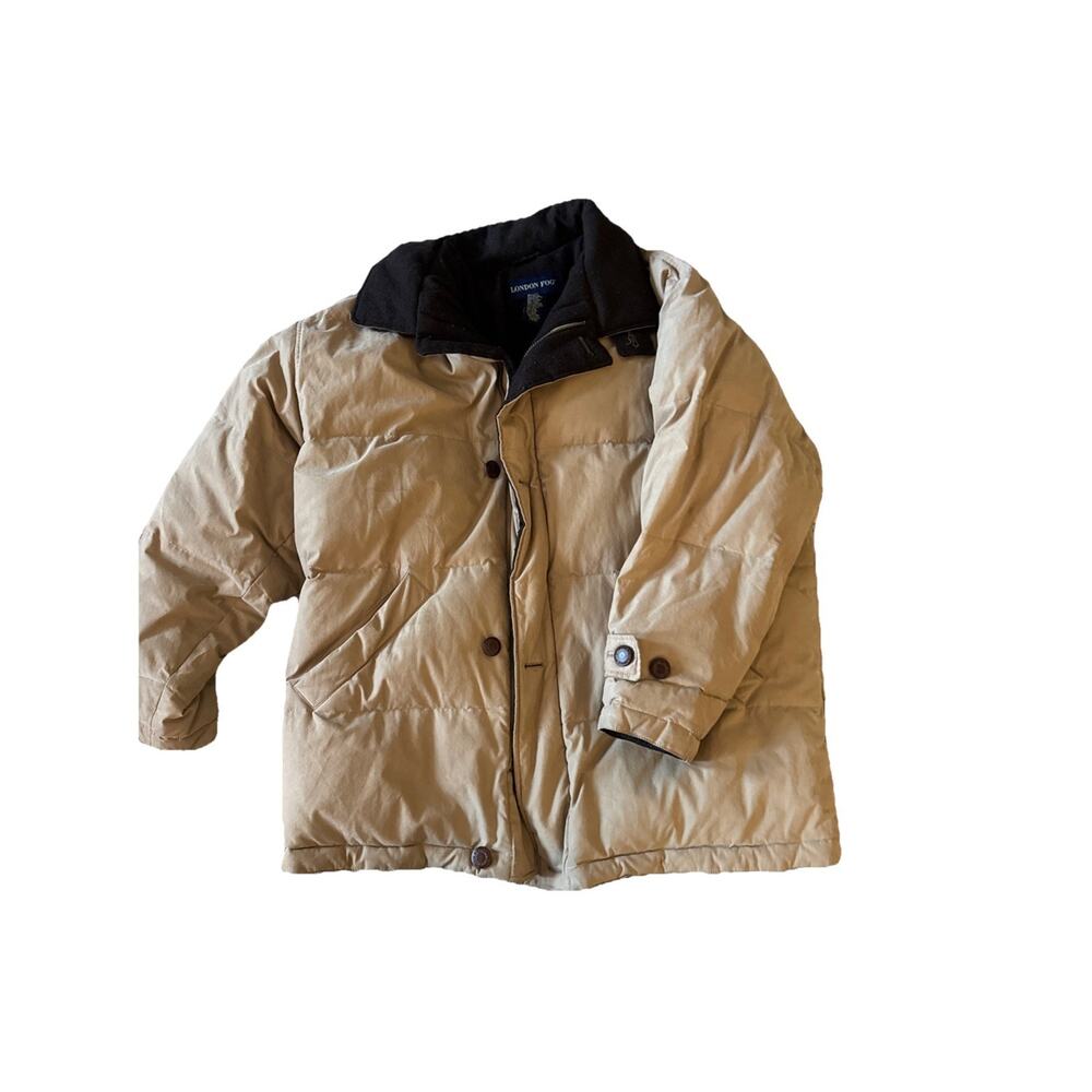 London Fog Puffer Down Coat Men’s Tan khaki Size L‎ Button Front Classic Preppy